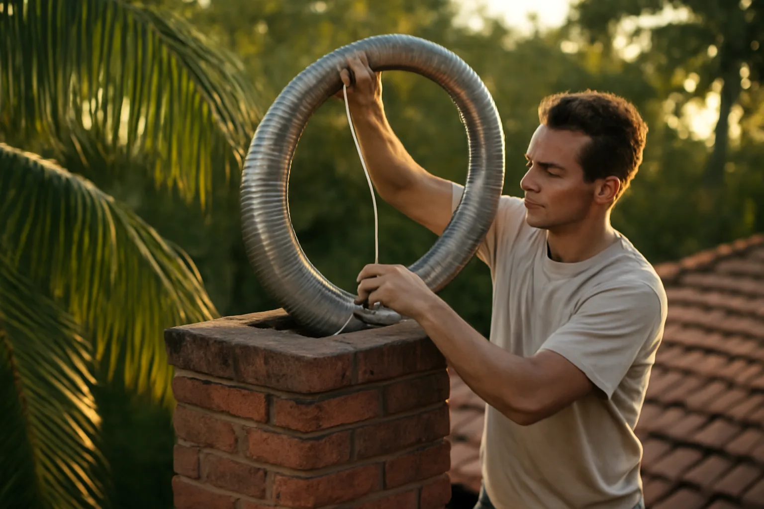 Worker feeds a stainless chimney liner into a brick Florida chimney