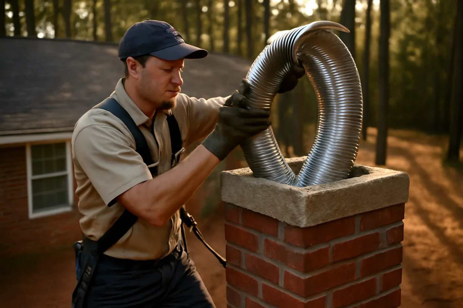 Worker feeding a stainless chimney liner into a Georgia brick chimney