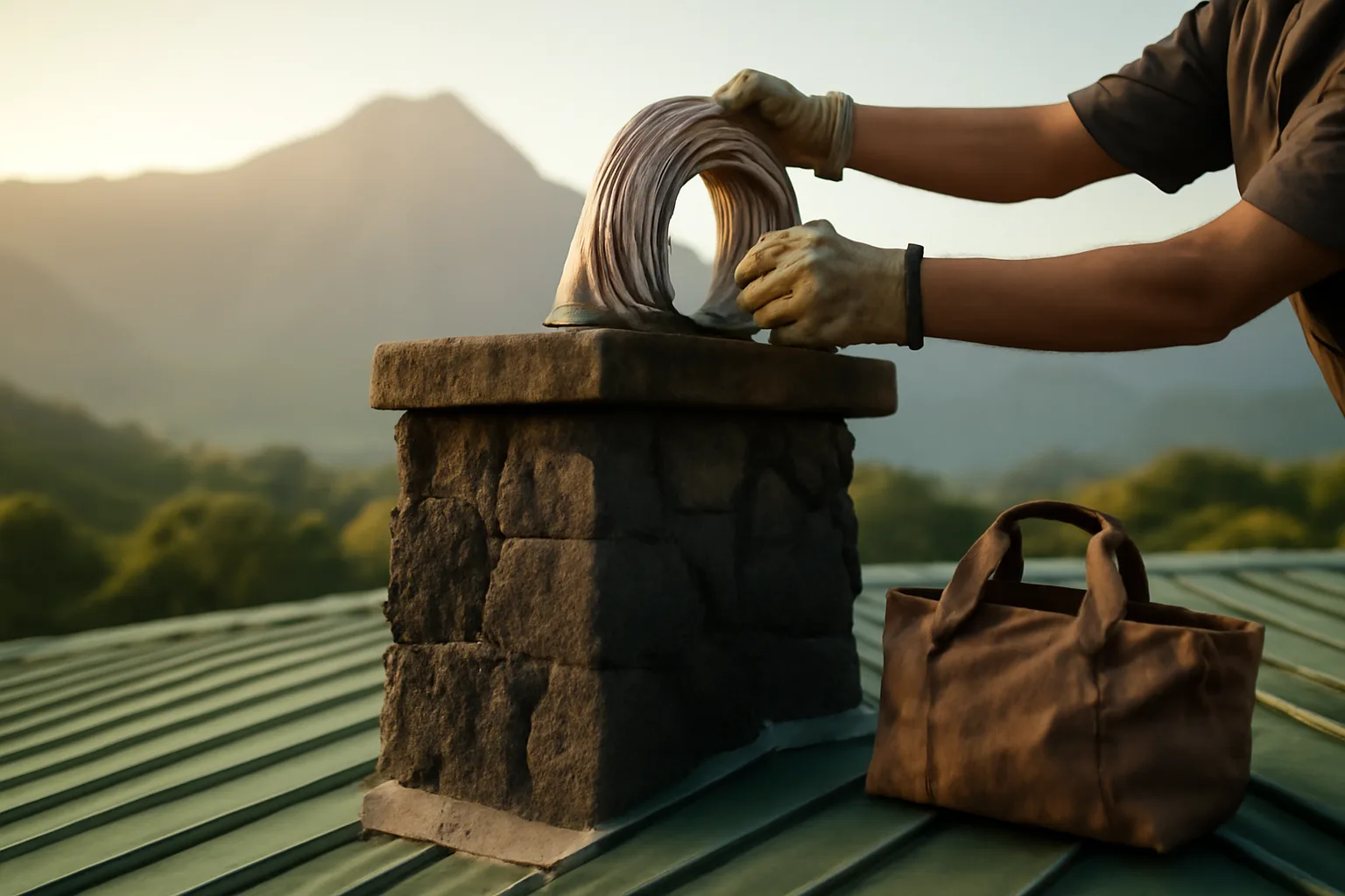 Lava stone chimney and stainless liner on a Manoa roof