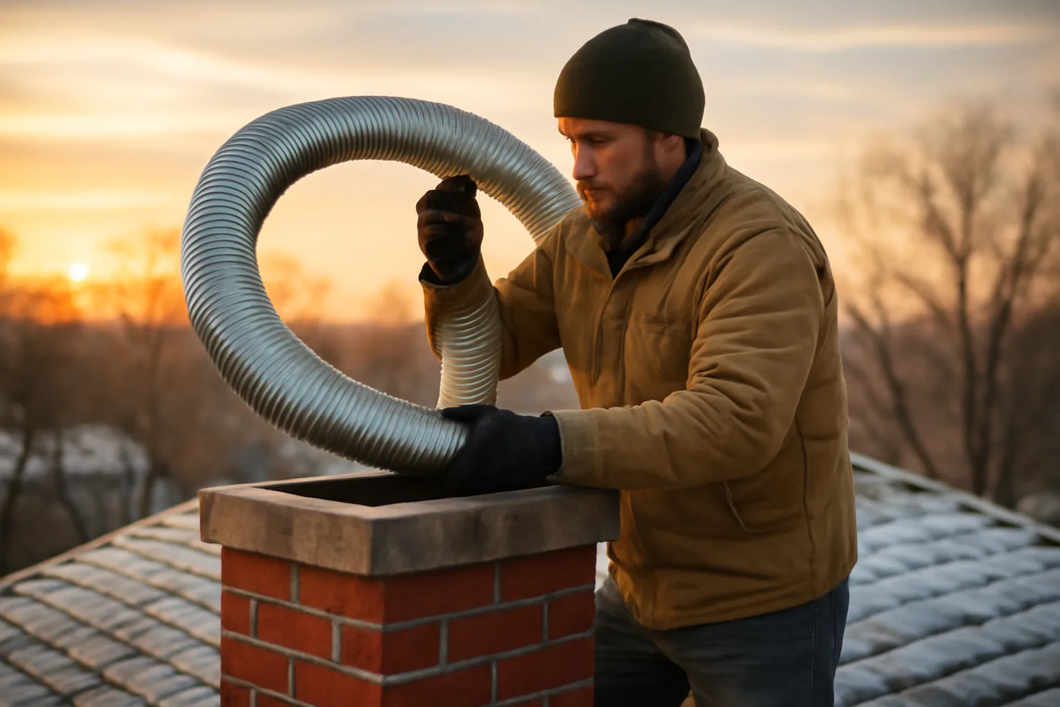 Technician installing a chimney liner on a brick chimney in Idaho