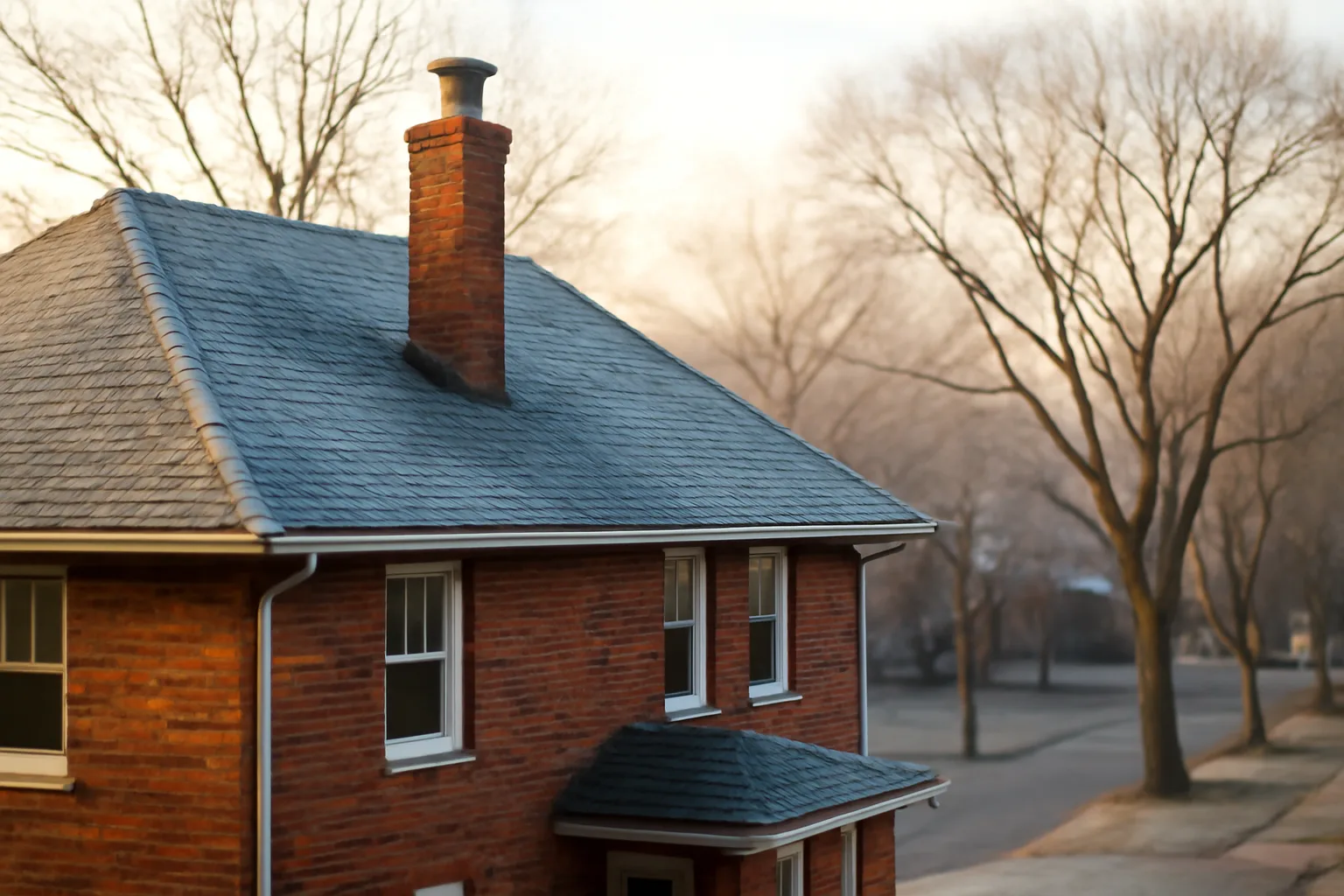 Brick Illinois chimney and stainless flue cap on a winter morning