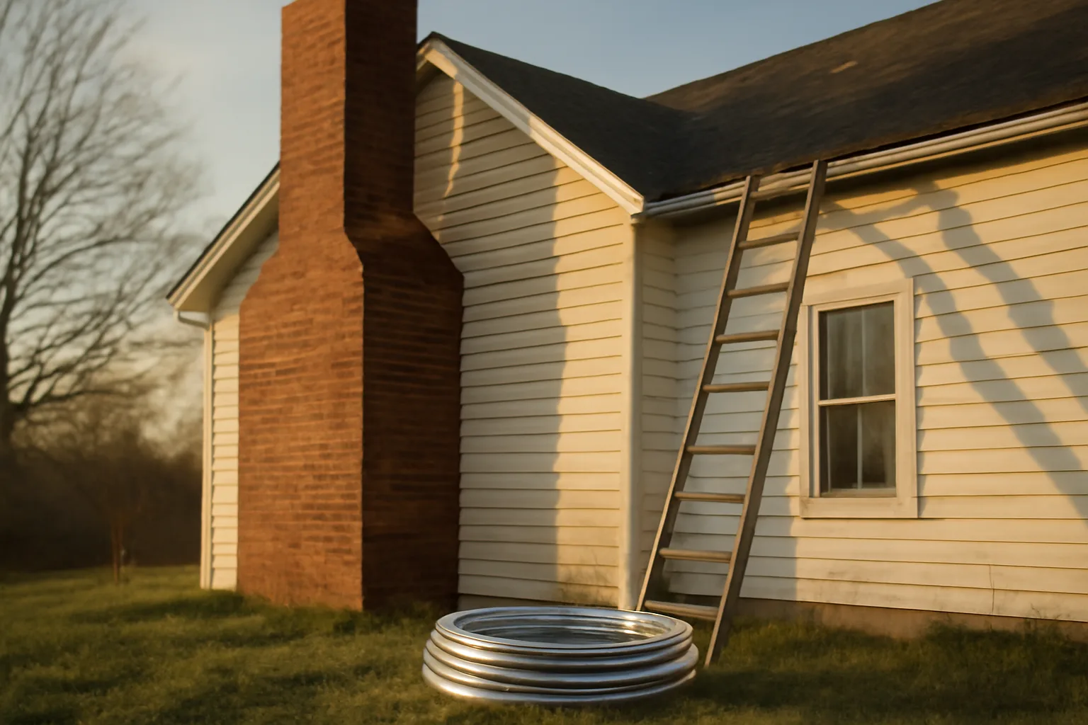 Stainless chimney liner coil beside a brick Indiana farmhouse chimney