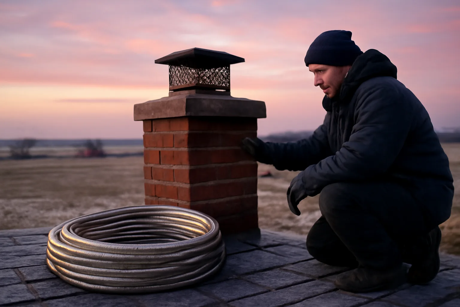 Technician seating stainless chimney liner on rural Iowa farmhouse roof